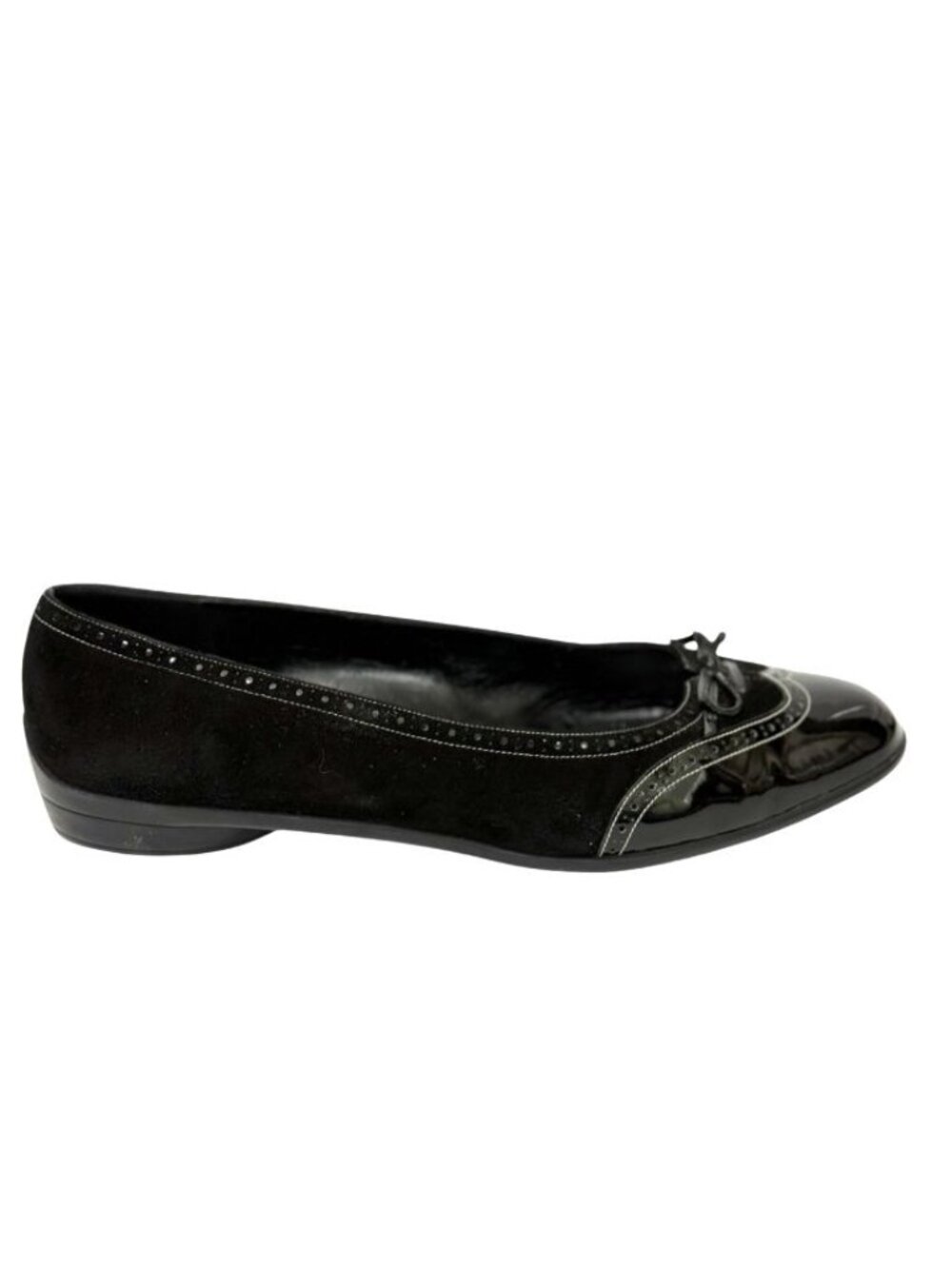 Ferragamo Black Patent Leather & Suede Spectator Bow Tie Flats Loafers Size 9.5